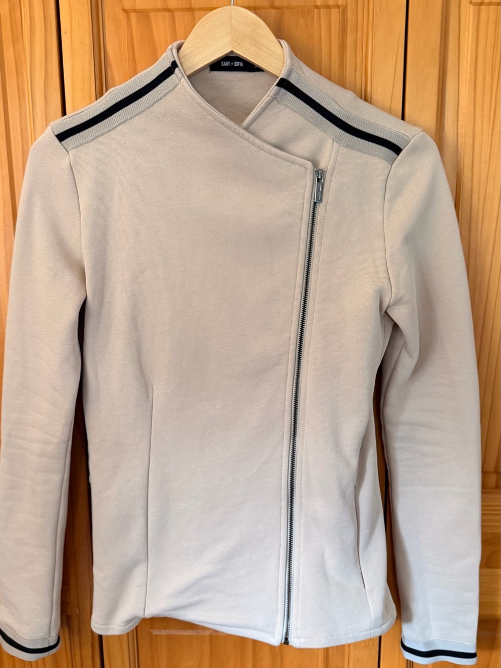 Saint + Sofia Cream Asymmetrical Zip Utility Jacket with Black Trim